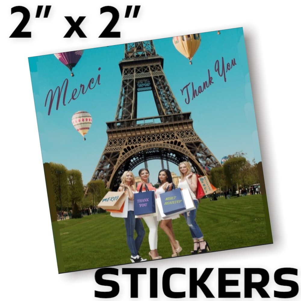 100 (2x2 Inch) Square Stickers, Eiffel Tower, Full Color, High Gloss, Thank You